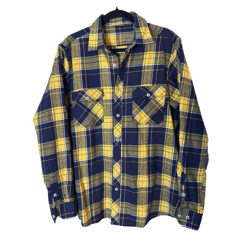 Designed in Italy Casual Button Down Shirt Blue Yellow Plaid Size L